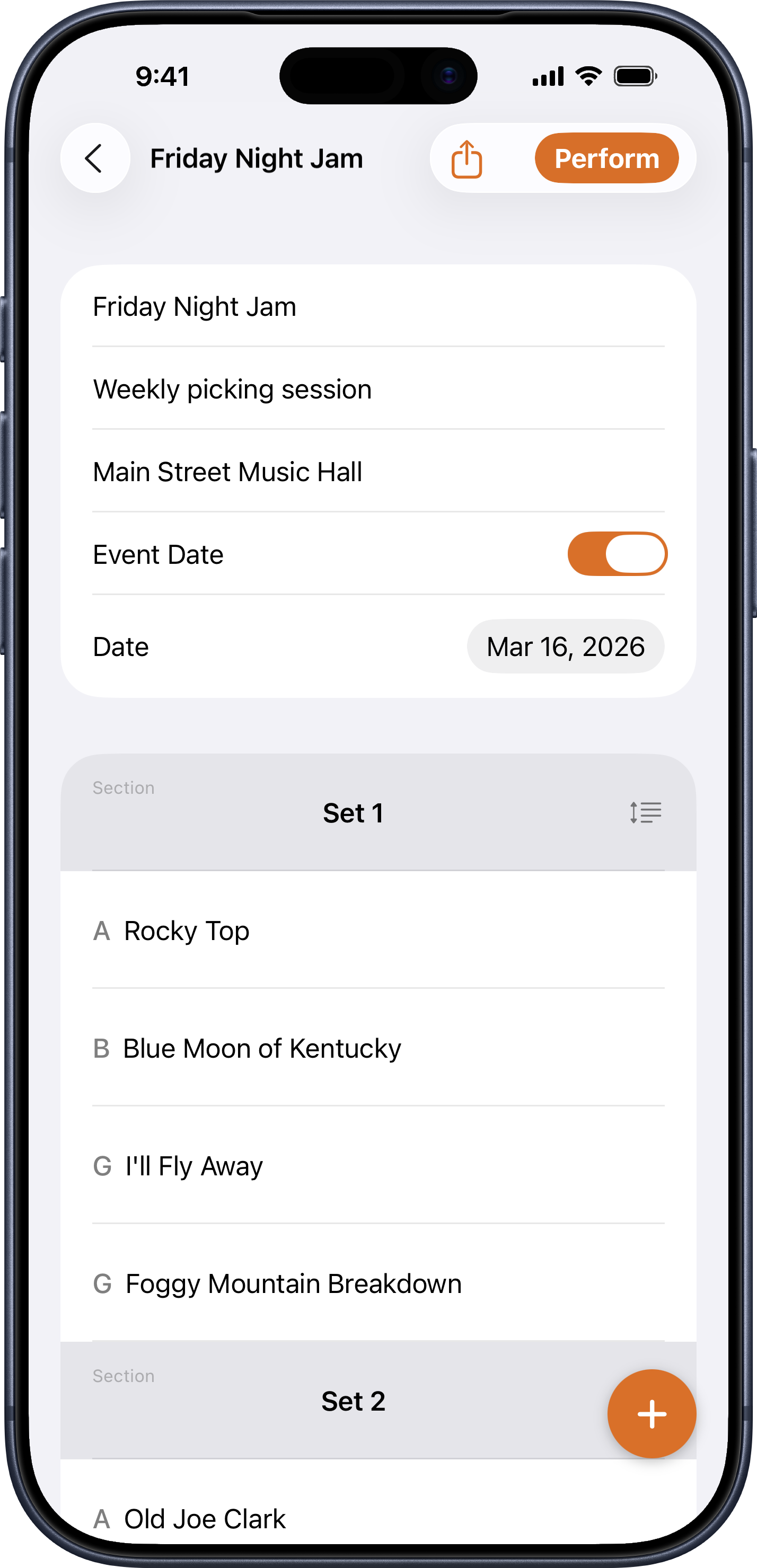 Set list detail view
